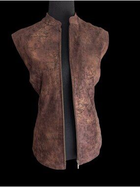 Erin London Y2k 90s M Faux Leather Vest Distressed Copper Brown Metallic Zip Up